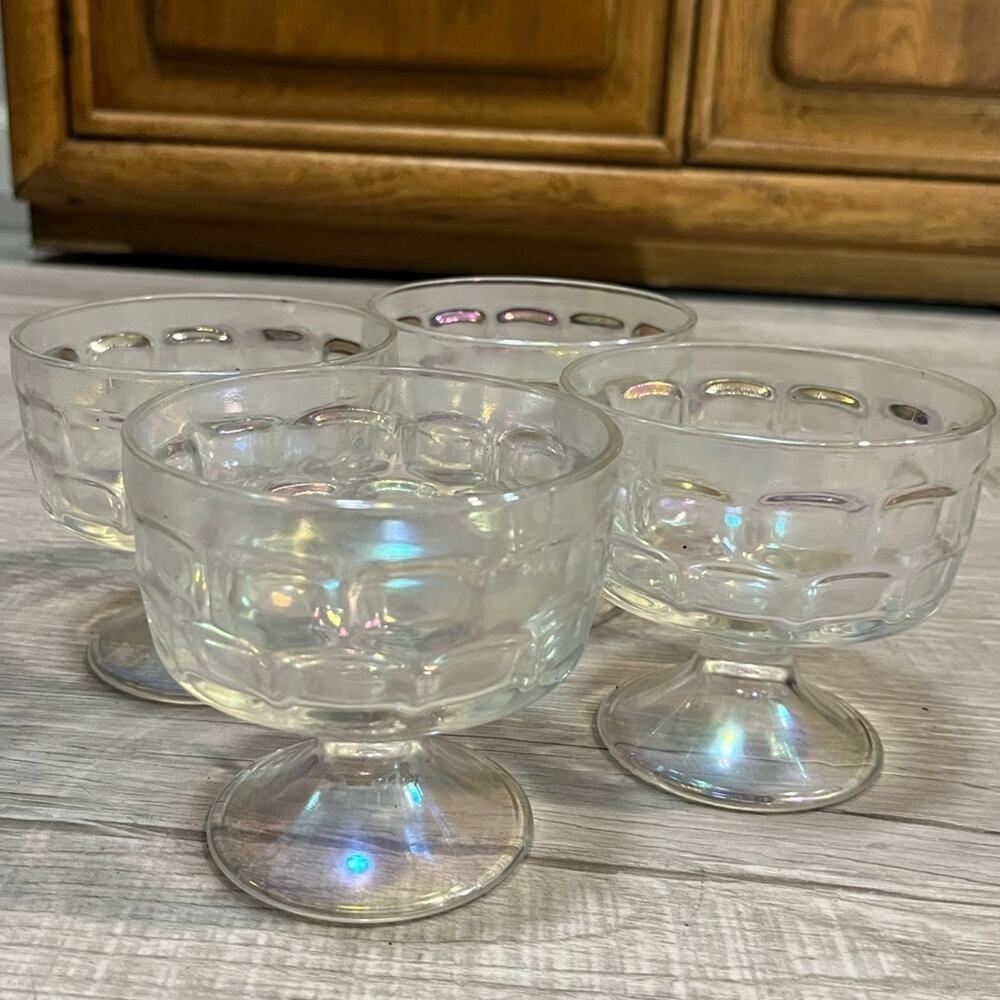 Vintage 4pc Aurora Iridescent Footed Dessert Cups Thumbprint Optic Federal Glass - Picture 7 of 9